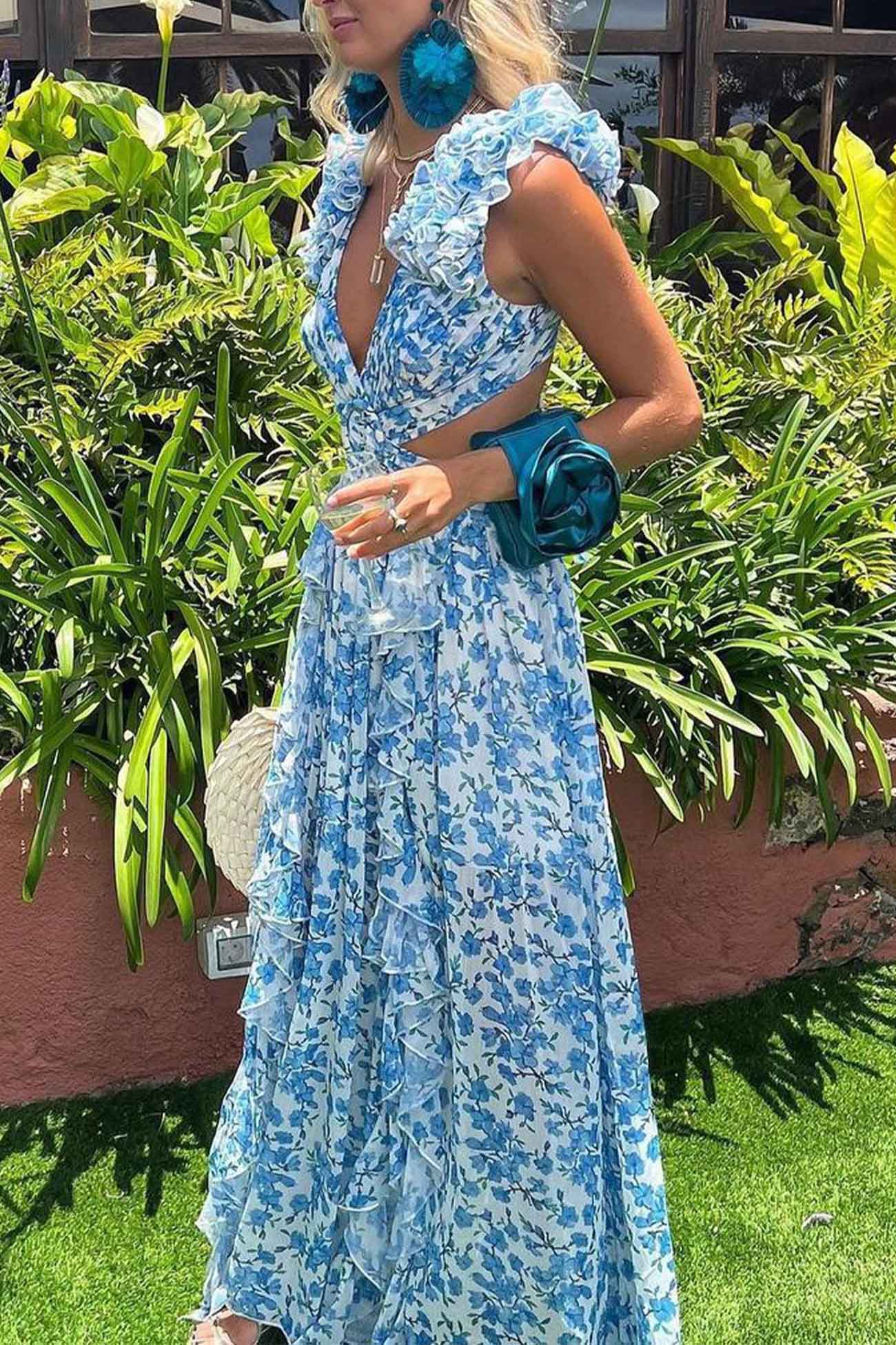 Women’s Deep V-Neck Ruffled Sleeve Cut-Out Waist High Slit Skirt Maxi Dress - Velora