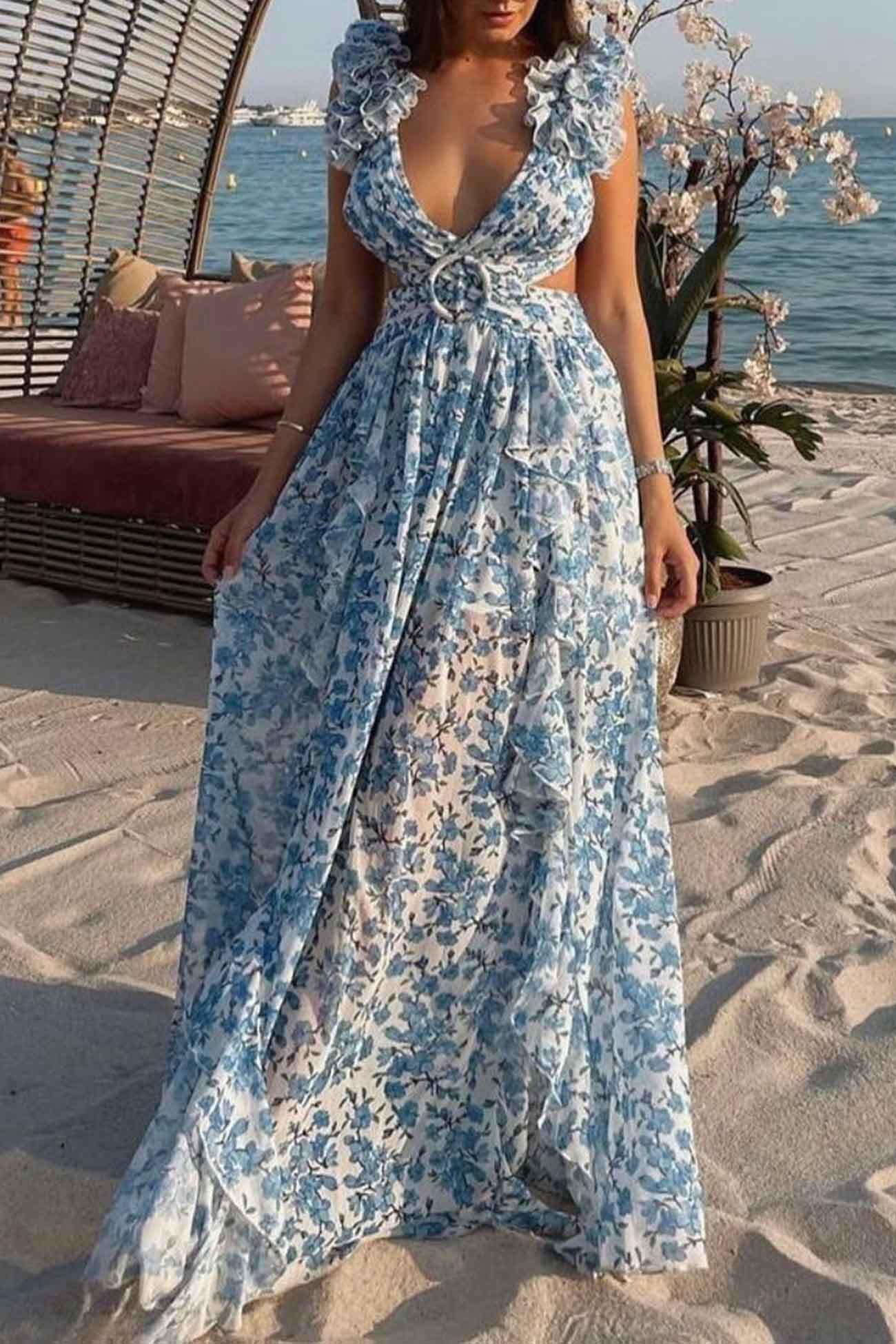 Women’s Deep V-Neck Ruffled Sleeve Cut-Out Waist High Slit Skirt Maxi Dress - Velora