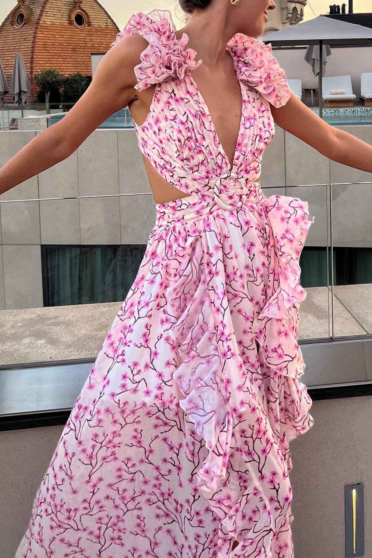 Women’s Deep V-Neck Ruffled Sleeve Cut-Out Waist High Slit Skirt Maxi Dress - Velora