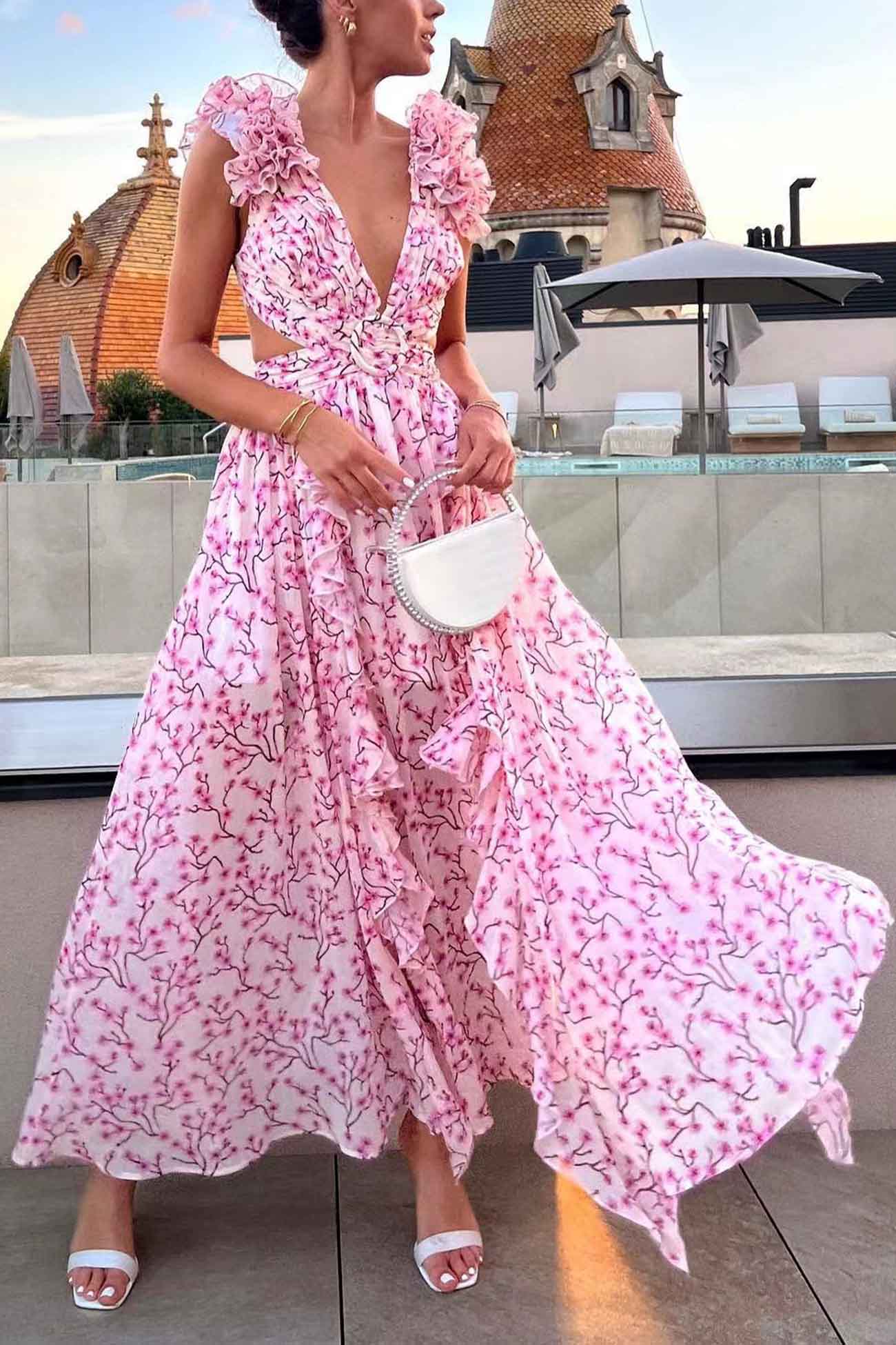 Women’s Deep V-Neck Ruffled Sleeve Cut-Out Waist High Slit Skirt Maxi Dress - Velora