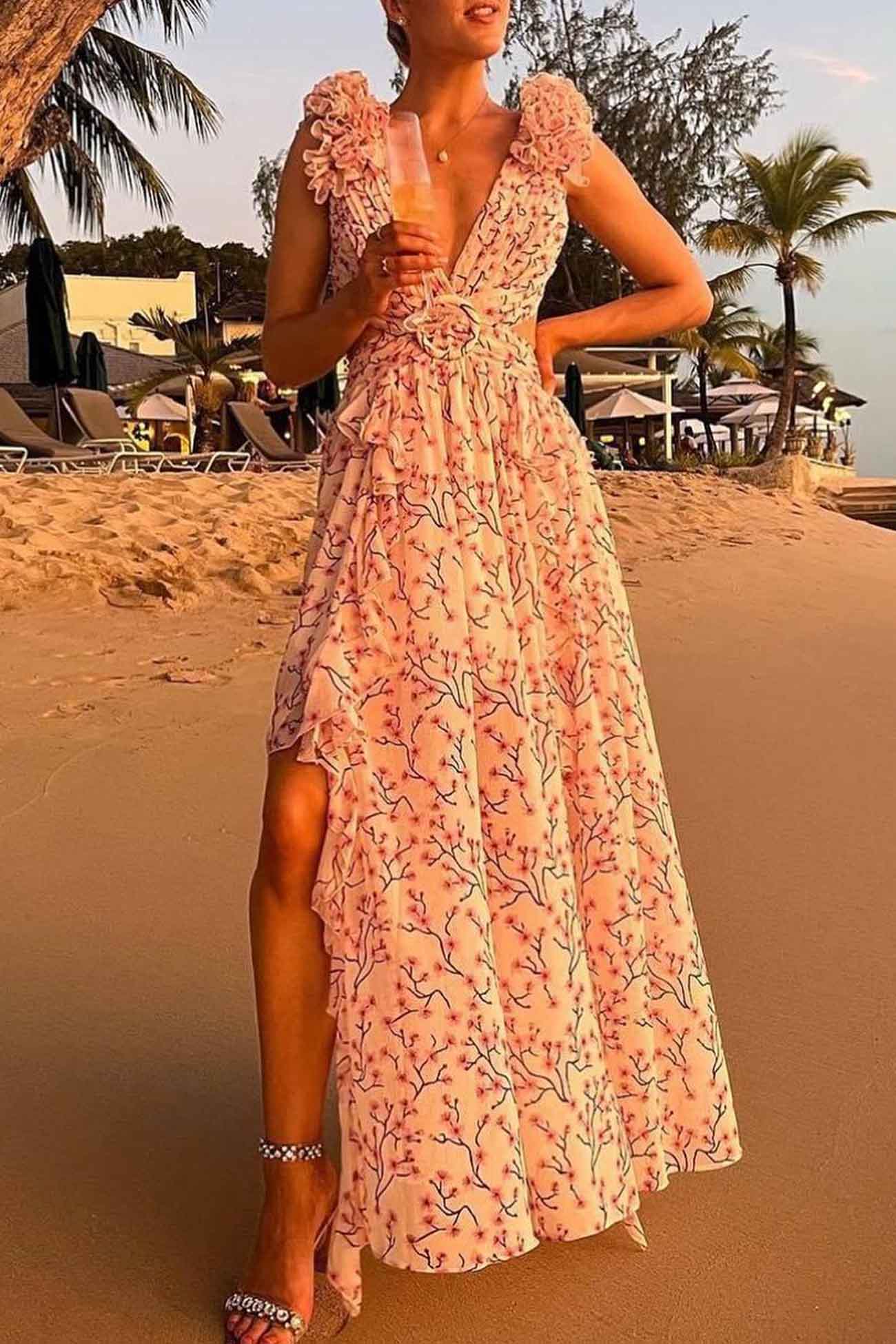 Women’s Deep V-Neck Ruffled Sleeve Cut-Out Waist High Slit Skirt Maxi Dress - Velora