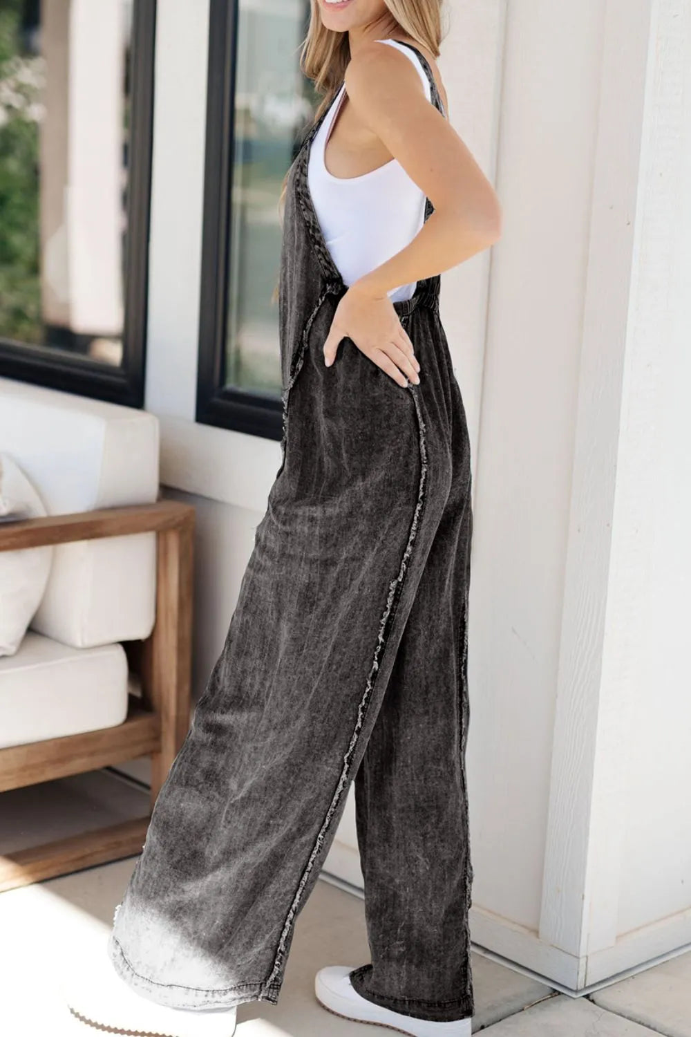 Frayed Exposed Seam Wide Leg Denim Overalls - Velora Luxury Fashion