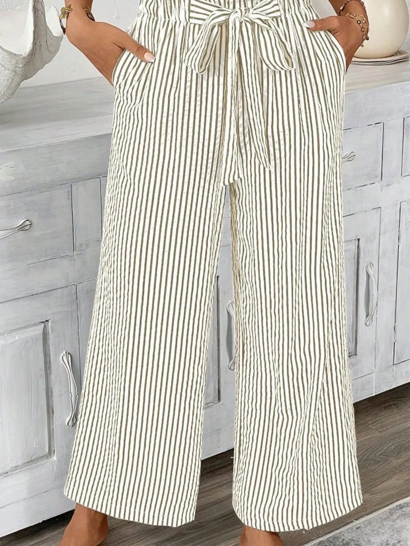 Full Size Striped Wide Leg Paper Bag Pants Plus Size - Velora Luxury Fashion