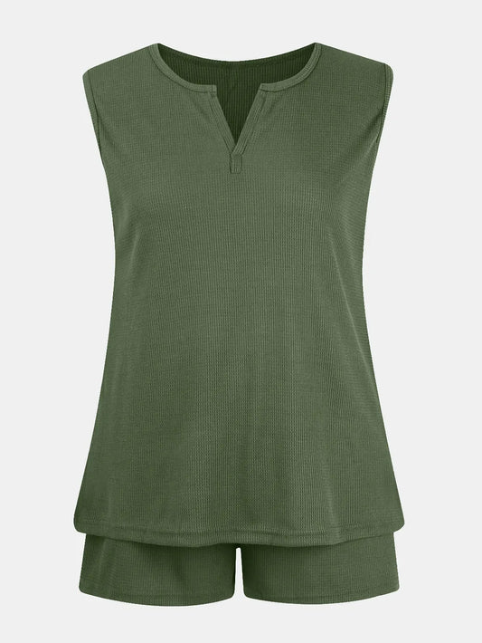 Full Size Waffle-Knit Notched Top and Shorts Set - Velora