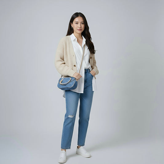 AVA - Denim crossbody chain detailed bag - Velora