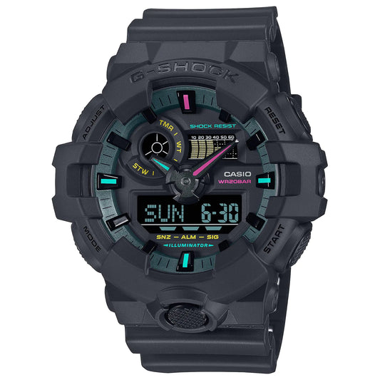 G-Shock Casio GA-700 Series Analog-Digital Multi-Color Black Resin Watch 57.5mm - GA700MF-1A - Velora Luxury Fashion