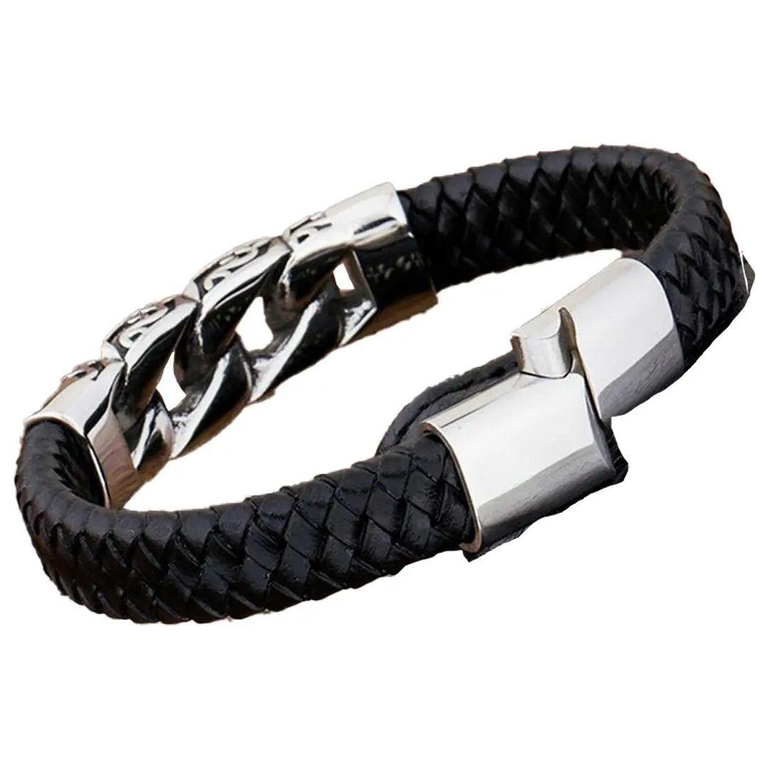 GoSteel Men's Leather and Steel Cuban Link Bracelet - Velora Luxury Fashion