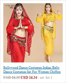 Bollywood Belly Dance Costume Set Indian Dance Sari 2/3/4/5pcs Chiffon Belly Dance Clothing Women Oriental Dance Practice Suit - Velora