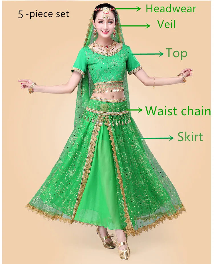 Bollywood Belly Dance Costume Set Indian Dance Sari 2/3/4/5pcs Chiffon Belly Dance Clothing Women Oriental Dance Practice Suit - Velora