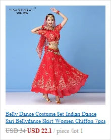 Bollywood Belly Dance Costume Set Indian Dance Sari 2/3/4/5pcs Chiffon Belly Dance Clothing Women Oriental Dance Practice Suit - Velora