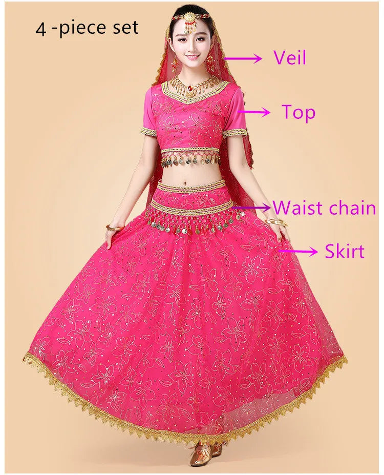Bollywood Belly Dance Costume Set Indian Dance Sari 2/3/4/5pcs Chiffon Belly Dance Clothing Women Oriental Dance Practice Suit - Velora