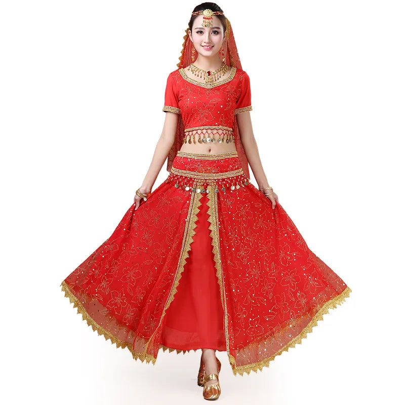 Bollywood Belly Dance Costume Set Indian Dance Sari 2/3/4/5pcs Chiffon Belly Dance Clothing Women Oriental Dance Practice Suit - Velora