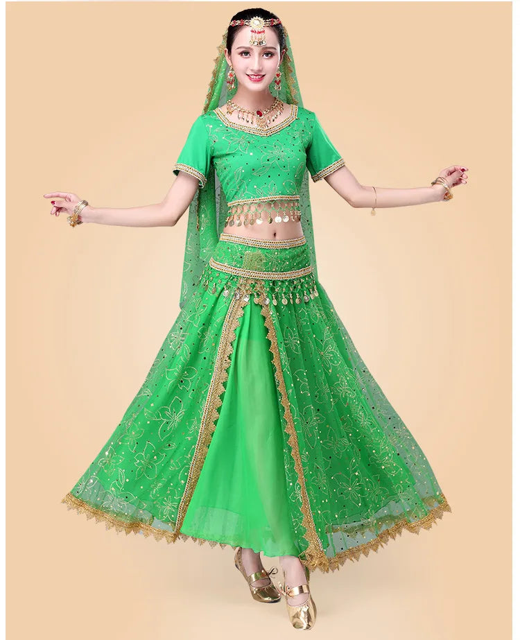 Bollywood Belly Dance Costume Set Indian Dance Sari 2/3/4/5pcs Chiffon Belly Dance Clothing Women Oriental Dance Practice Suit - Velora