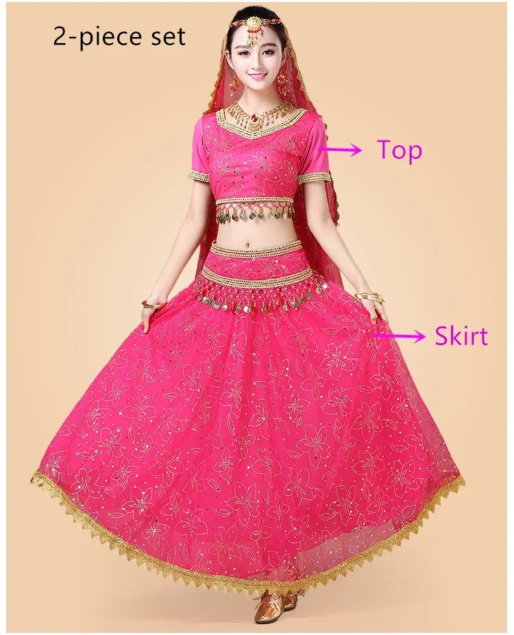 Bollywood Belly Dance Costume Set Indian Dance Sari 2/3/4/5pcs Chiffon Belly Dance Clothing Women Oriental Dance Practice Suit - Velora