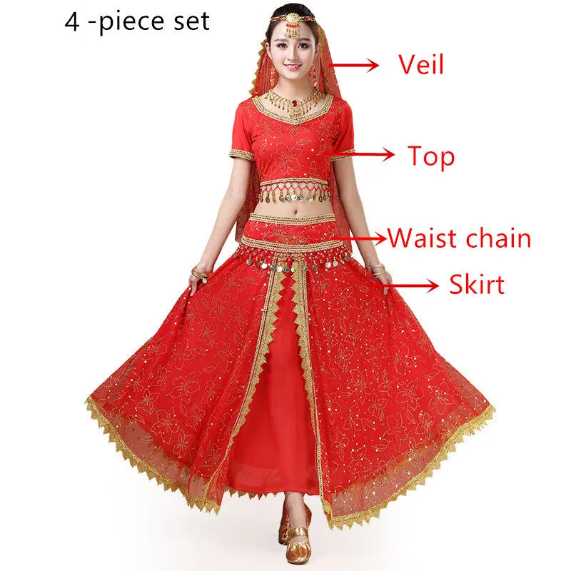 Bollywood Belly Dance Costume Set Indian Dance Sari 2/3/4/5pcs Chiffon Belly Dance Clothing Women Oriental Dance Practice Suit - Velora