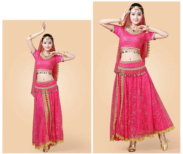 Bollywood Belly Dance Costume Set Indian Dance Sari 2/3/4/5pcs Chiffon Belly Dance Clothing Women Oriental Dance Practice Suit - Velora