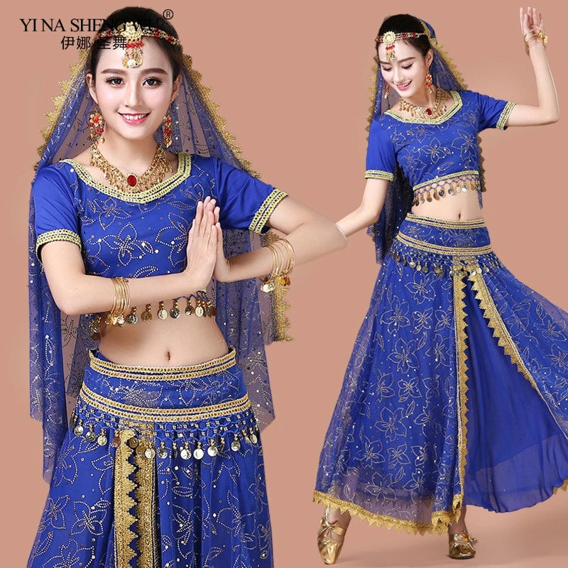 Bollywood Belly Dance Costume Set Indian Dance Sari 2/3/4/5pcs Chiffon Belly Dance Clothing Women Oriental Dance Practice Suit - Velora