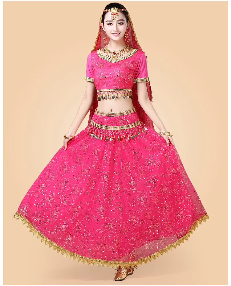 Bollywood Belly Dance Costume Set Indian Dance Sari 2/3/4/5pcs Chiffon Belly Dance Clothing Women Oriental Dance Practice Suit - Velora