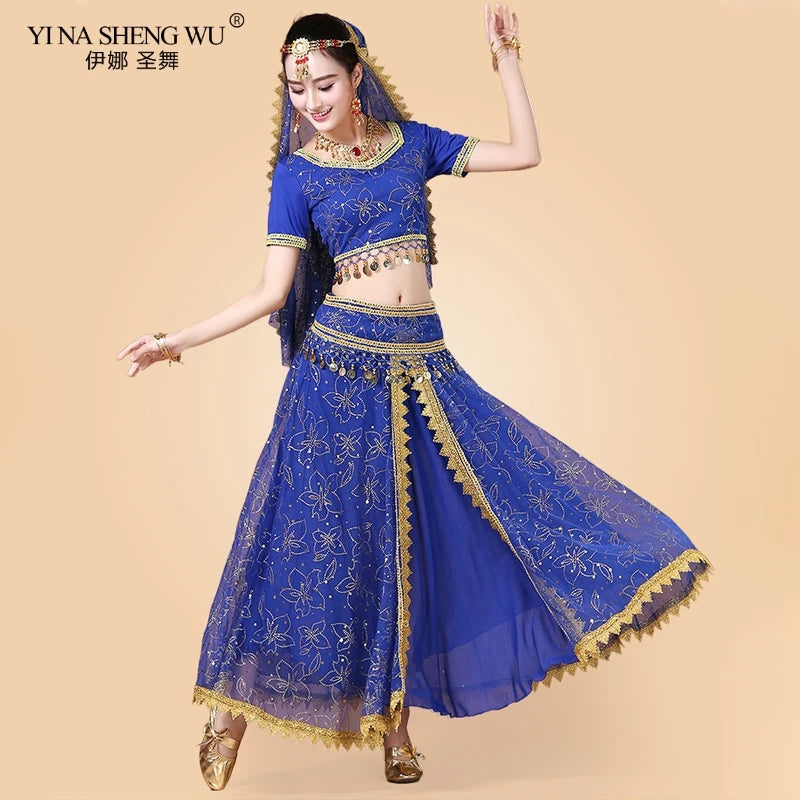 Bollywood Belly Dance Costume Set Indian Dance Sari 2/3/4/5pcs Chiffon Belly Dance Clothing Women Oriental Dance Practice Suit - Velora