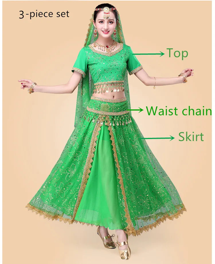 Bollywood Belly Dance Costume Set Indian Dance Sari 2/3/4/5pcs Chiffon Belly Dance Clothing Women Oriental Dance Practice Suit - Velora