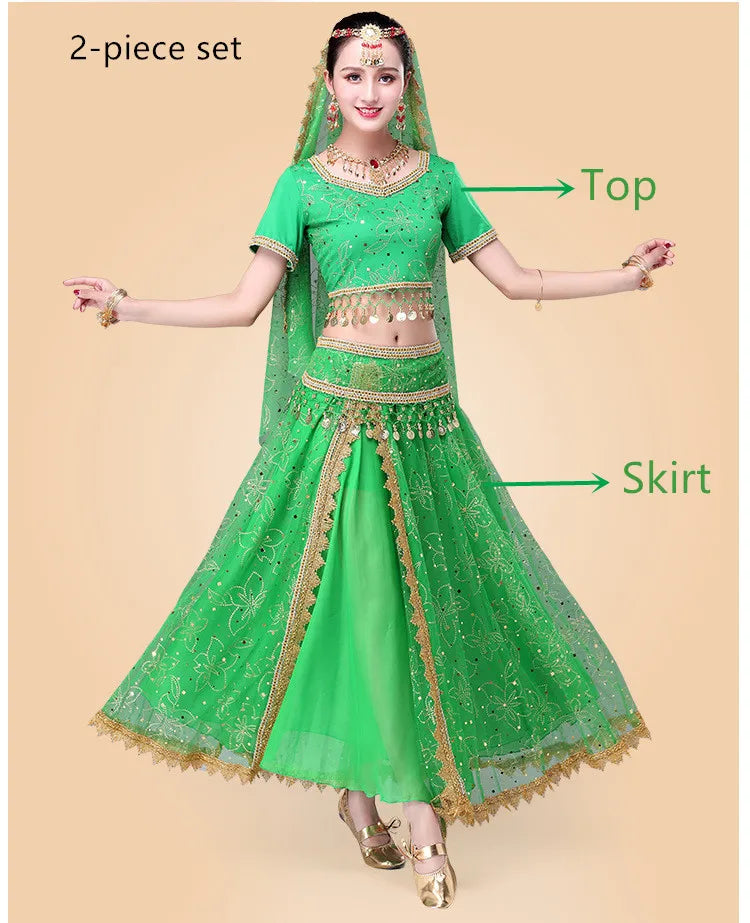 Bollywood Belly Dance Costume Set Indian Dance Sari 2/3/4/5pcs Chiffon Belly Dance Clothing Women Oriental Dance Practice Suit - Velora