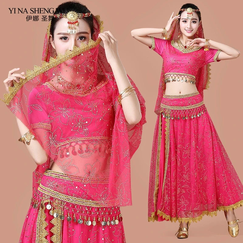 Bollywood Belly Dance Costume Set Indian Dance Sari 2/3/4/5pcs Chiffon Belly Dance Clothing Women Oriental Dance Practice Suit - Velora