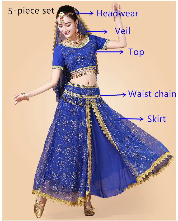 Bollywood Belly Dance Costume Set Indian Dance Sari 2/3/4/5pcs Chiffon Belly Dance Clothing Women Oriental Dance Practice Suit - Velora