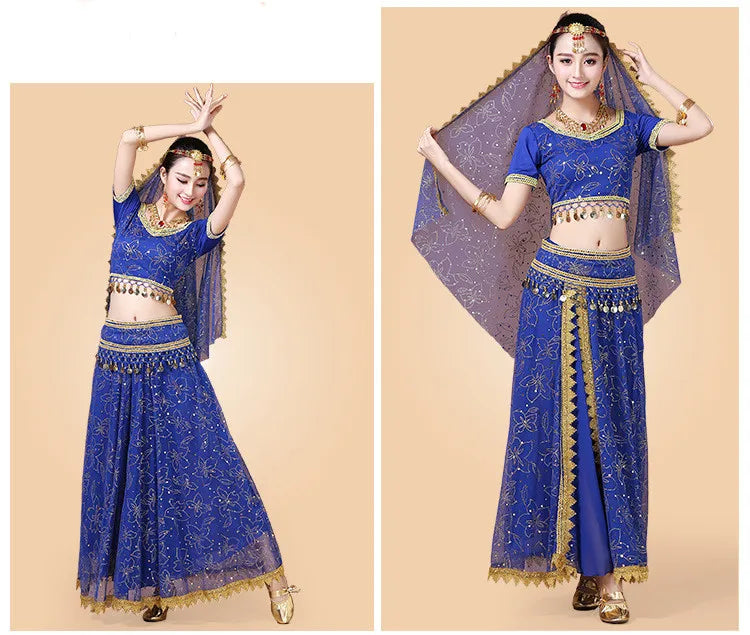 Bollywood Belly Dance Costume Set Indian Dance Sari 2/3/4/5pcs Chiffon Belly Dance Clothing Women Oriental Dance Practice Suit - Velora