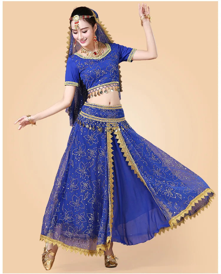 Bollywood Belly Dance Costume Set Indian Dance Sari 2/3/4/5pcs Chiffon Belly Dance Clothing Women Oriental Dance Practice Suit - Velora