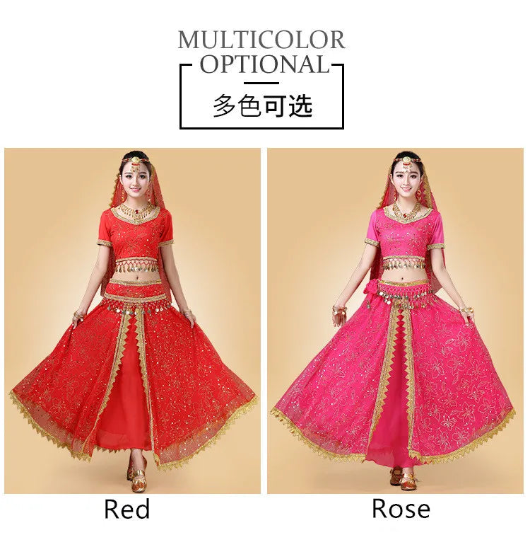 Bollywood Belly Dance Costume Set Indian Dance Sari 2/3/4/5pcs Chiffon Belly Dance Clothing Women Oriental Dance Practice Suit - Velora