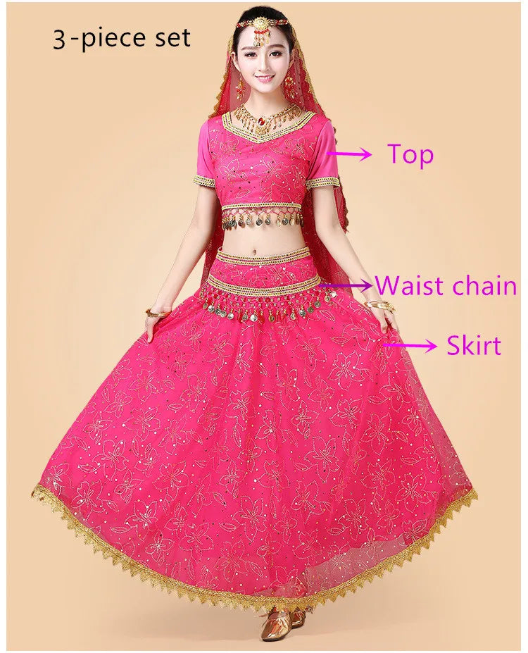 Bollywood Belly Dance Costume Set Indian Dance Sari 2/3/4/5pcs Chiffon Belly Dance Clothing Women Oriental Dance Practice Suit - Velora