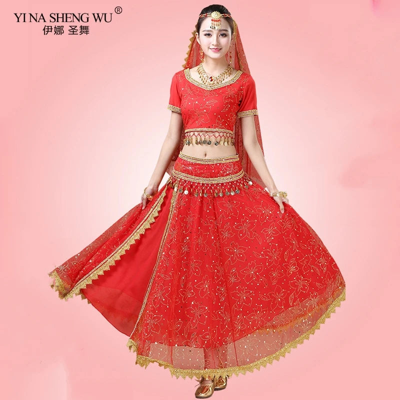 Bollywood Belly Dance Costume Set Indian Dance Sari 2/3/4/5pcs Chiffon Belly Dance Clothing Women Oriental Dance Practice Suit - Velora