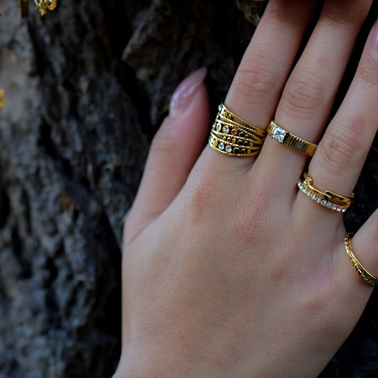 HIRAYA: Textured Block Band Ring with a Square Zirconia Centerpiece - Velora Luxury Fashion