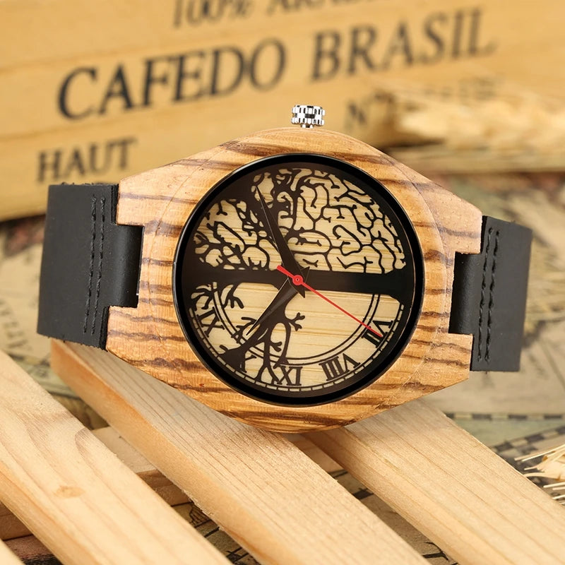 Retro Clock Wood Watch Men's Life Tree Design Clock Man Fashion Casual Genuine Leather Band Quartz Wristwatch reloj para hombre - Velora