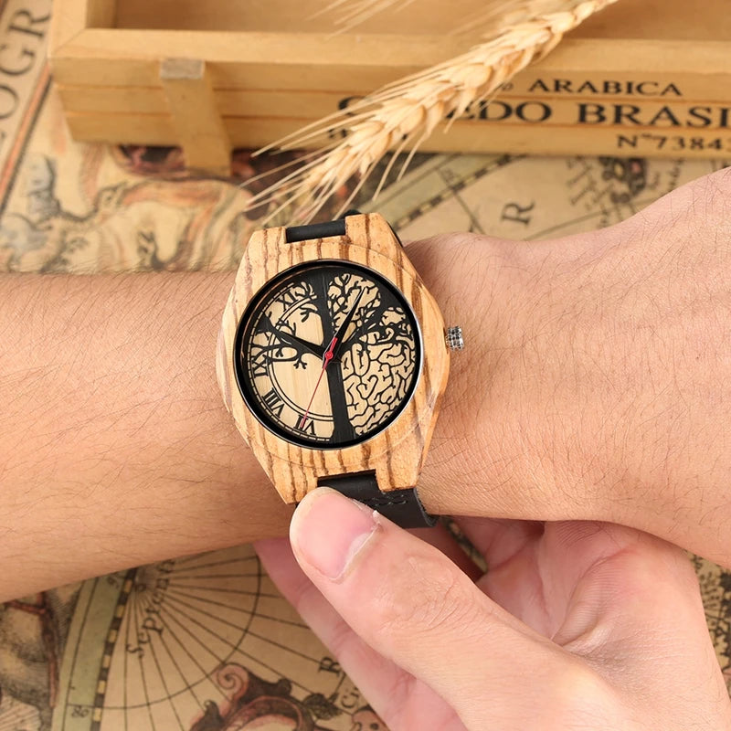 Retro Clock Wood Watch Men's Life Tree Design Clock Man Fashion Casual Genuine Leather Band Quartz Wristwatch reloj para hombre - Velora