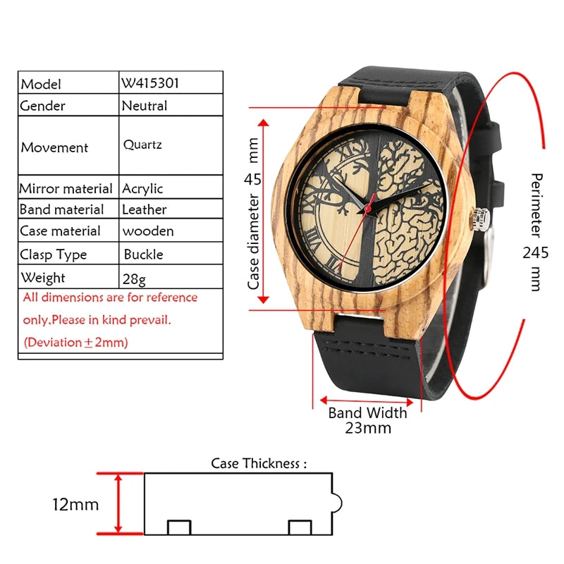 Retro Clock Wood Watch Men's Life Tree Design Clock Man Fashion Casual Genuine Leather Band Quartz Wristwatch reloj para hombre - Velora