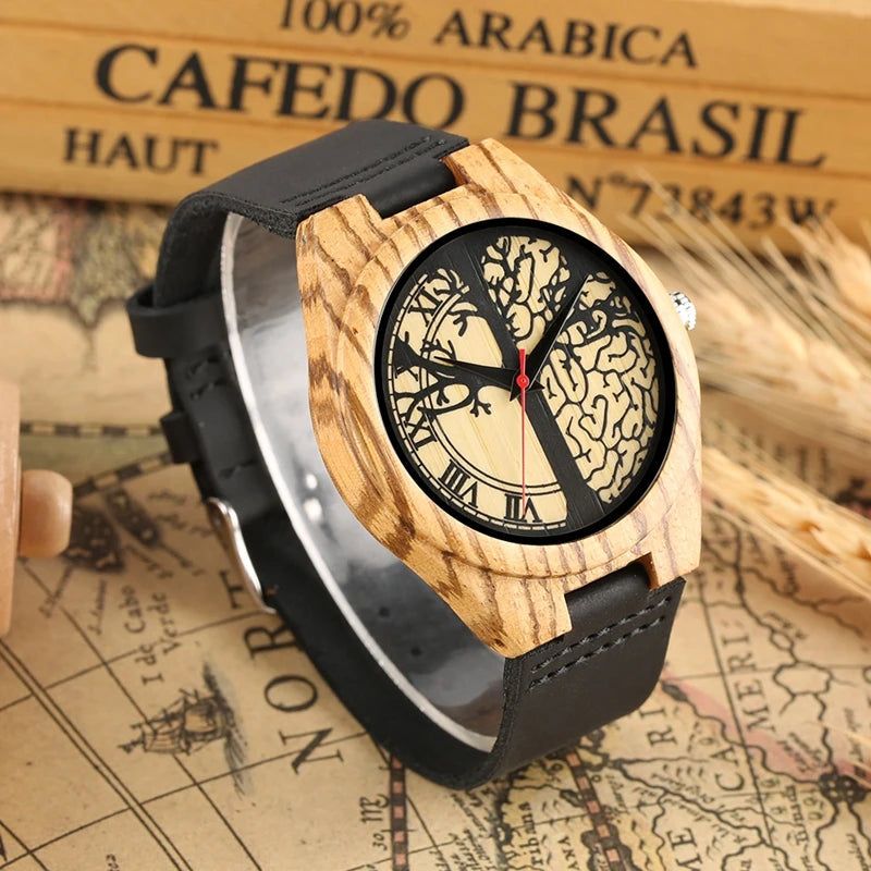 Retro Clock Wood Watch Men's Life Tree Design Clock Man Fashion Casual Genuine Leather Band Quartz Wristwatch reloj para hombre - Velora