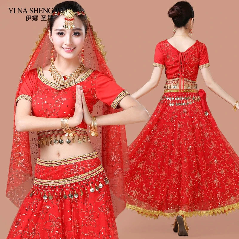 Bollywood Belly Dance Costume Set Indian Dance Sari 2/3/4/5pcs Chiffon Belly Dance Clothing Women Oriental Dance Practice Suit - Velora