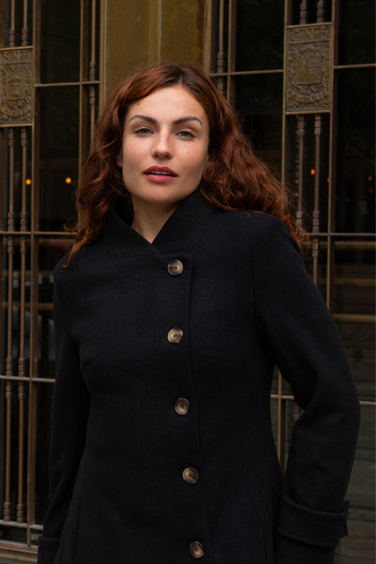 Harper Retro Flared Coat Side Buttons Elegant - Velora Luxury Fashion