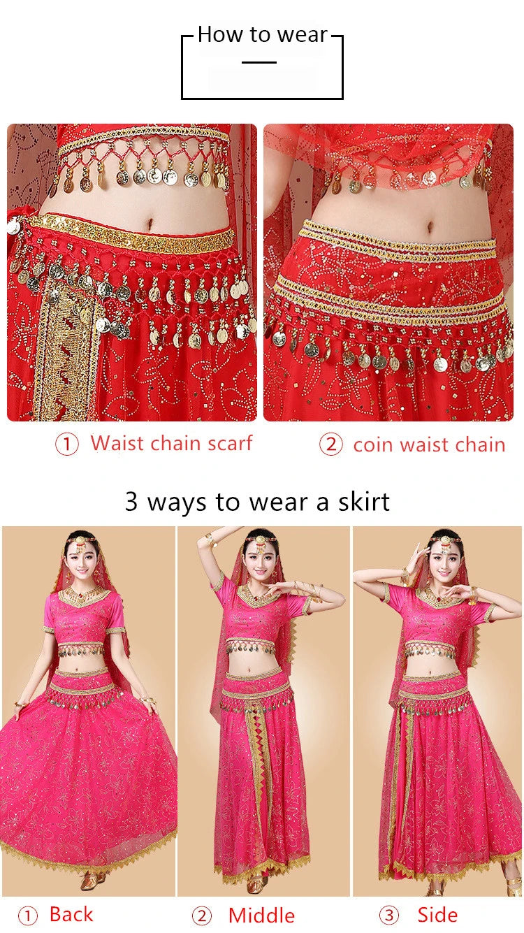 Bollywood Belly Dance Costume Set Indian Dance Sari 2/3/4/5pcs Chiffon Belly Dance Clothing Women Oriental Dance Practice Suit - Velora