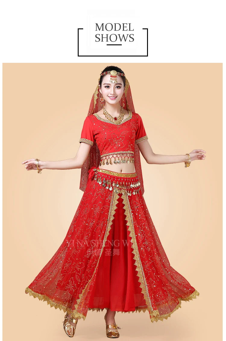 Bollywood Belly Dance Costume Set Indian Dance Sari 2/3/4/5pcs Chiffon Belly Dance Clothing Women Oriental Dance Practice Suit - Velora