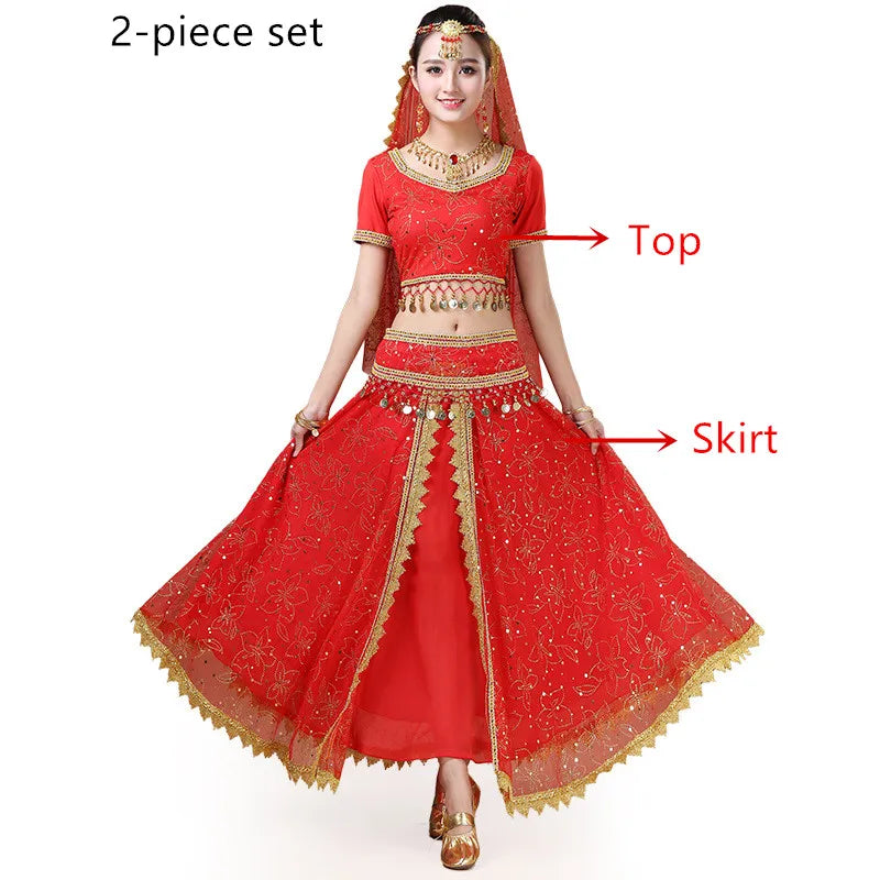 Bollywood Belly Dance Costume Set Indian Dance Sari 2/3/4/5pcs Chiffon Belly Dance Clothing Women Oriental Dance Practice Suit - Velora
