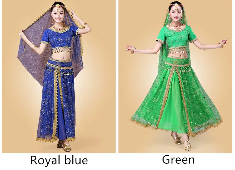 Bollywood Belly Dance Costume Set Indian Dance Sari 2/3/4/5pcs Chiffon Belly Dance Clothing Women Oriental Dance Practice Suit - Velora