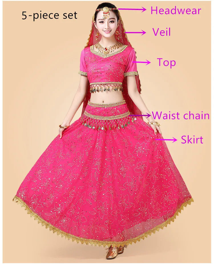 Bollywood Belly Dance Costume Set Indian Dance Sari 2/3/4/5pcs Chiffon Belly Dance Clothing Women Oriental Dance Practice Suit - Velora