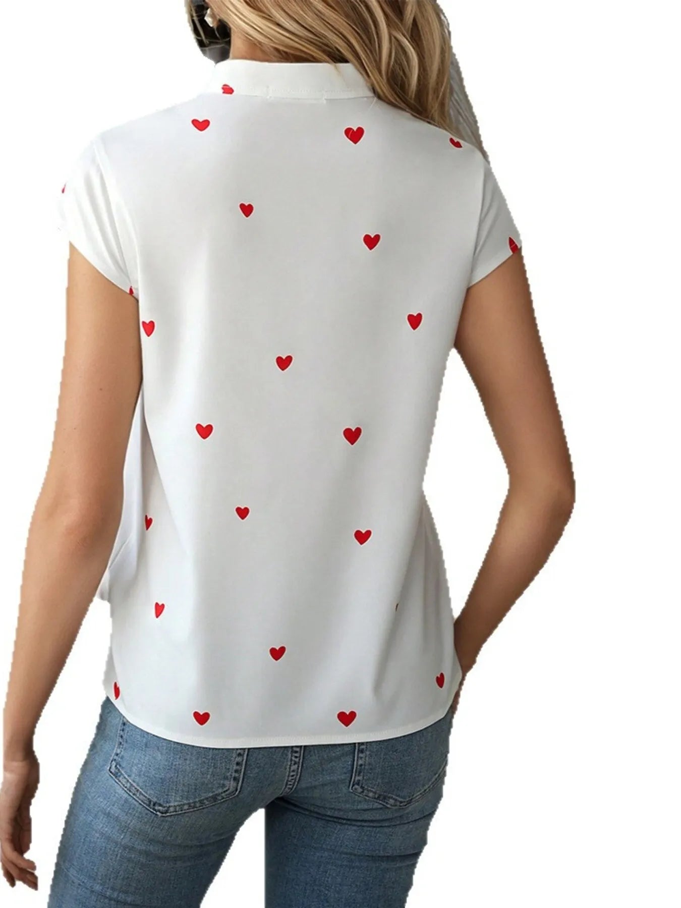 Heart Print Cap Sleeve Button-Up Shirt - Velora Luxury Fashion