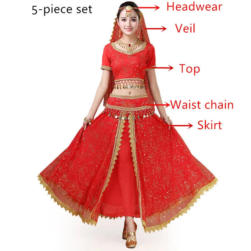 Bollywood Belly Dance Costume Set Indian Dance Sari 2/3/4/5pcs Chiffon Belly Dance Clothing Women Oriental Dance Practice Suit - Velora