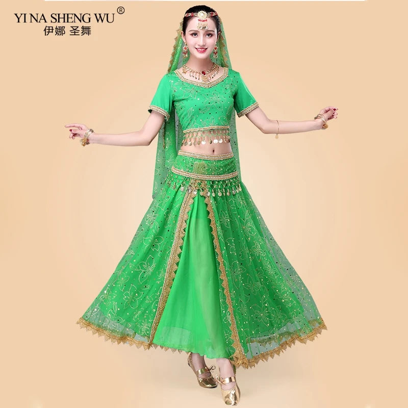 Bollywood Belly Dance Costume Set Indian Dance Sari 2/3/4/5pcs Chiffon Belly Dance Clothing Women Oriental Dance Practice Suit - Velora