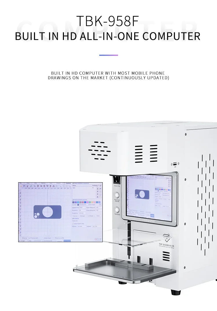 TBK958F 20W Fiber Automation Mobile Back Glass Laser Machine for iPhone Phone Repair Industries Velora