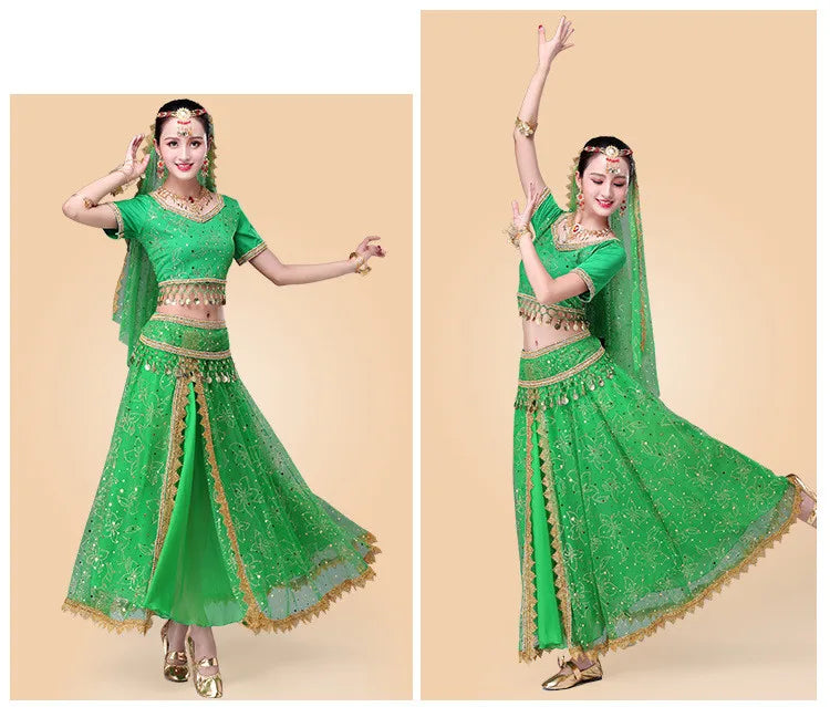 Bollywood Belly Dance Costume Set Indian Dance Sari 2/3/4/5pcs Chiffon Belly Dance Clothing Women Oriental Dance Practice Suit - Velora