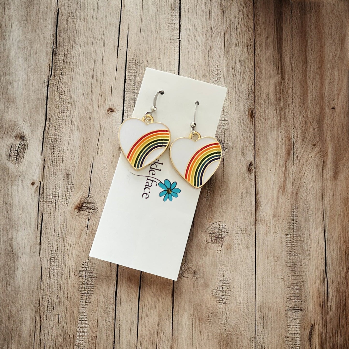 Rainbow Heart Hook Earrings – White Enamel & Multicolor Rainbow - Velora